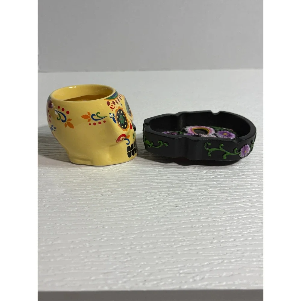 Day of the Dead Calavera and Ashtray Set Yellow Black Floral Calavera S0132